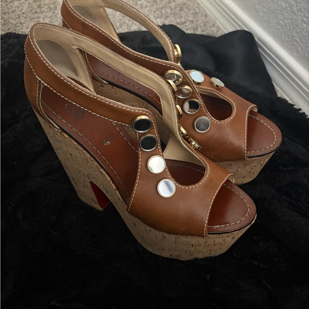 Christian Louboutin Tan Platform Heels with Metallic Accents